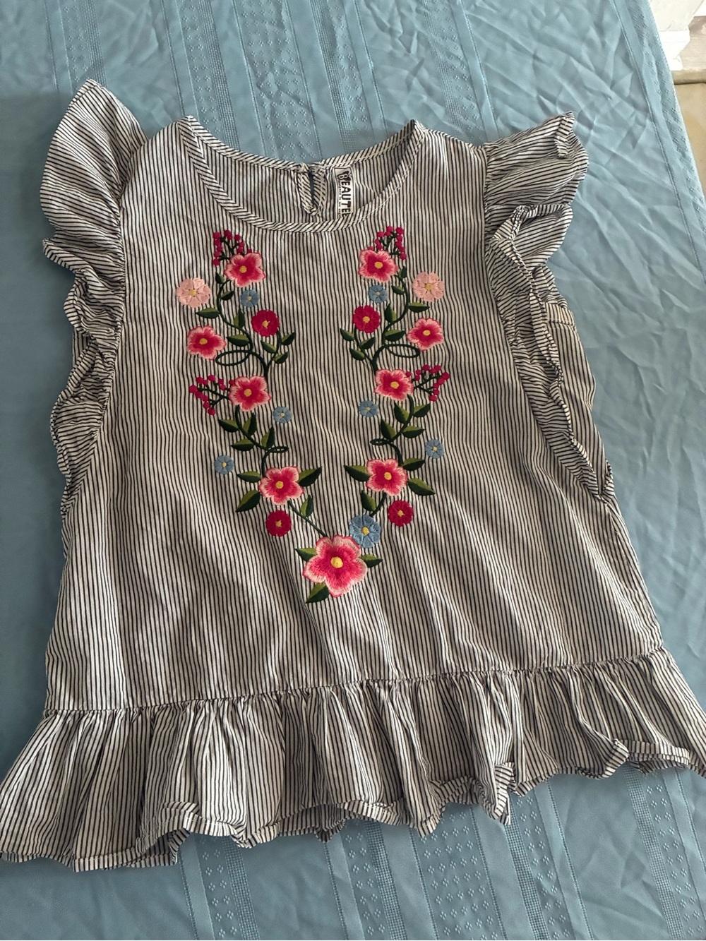 Girls' XL Striped Floral Embroidered Ruffle Top